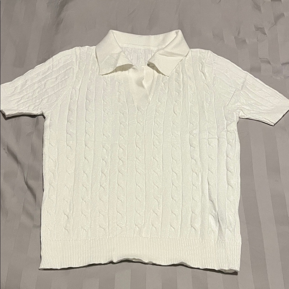 White Cable Knit Short Sleeve Sweater